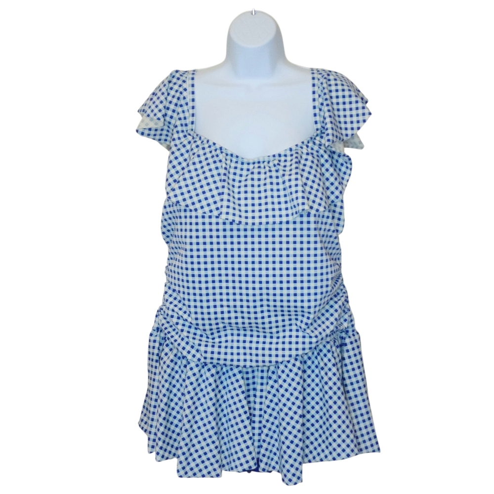 Simply Slim swim dress womens off shoulder ruffle blue gingham sz 2x - Picture 2 of 13